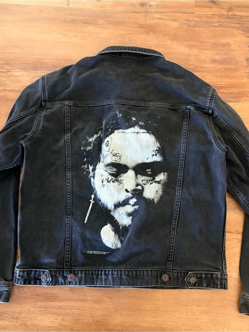 H&M Black Denim Jacket with Monochrome Portrait Graphic